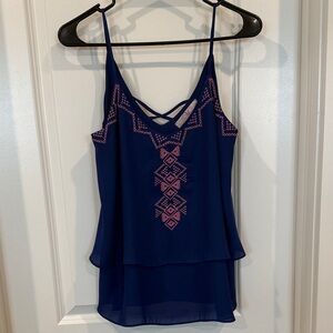 Navy Embroidered Crisscross back Tiered Camisole